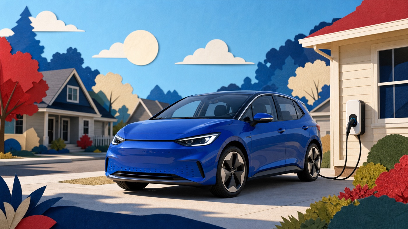 Original editorial illustration of a compact electric hatchback charging beside a suburban home with a cost planner