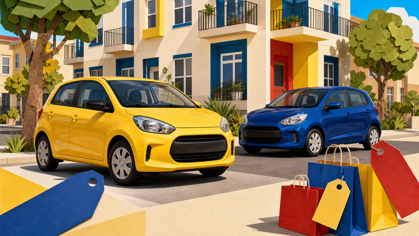 Original editorial illustration of a colorful compact hatchback outside a city apartment with a price tag and shopping checklist