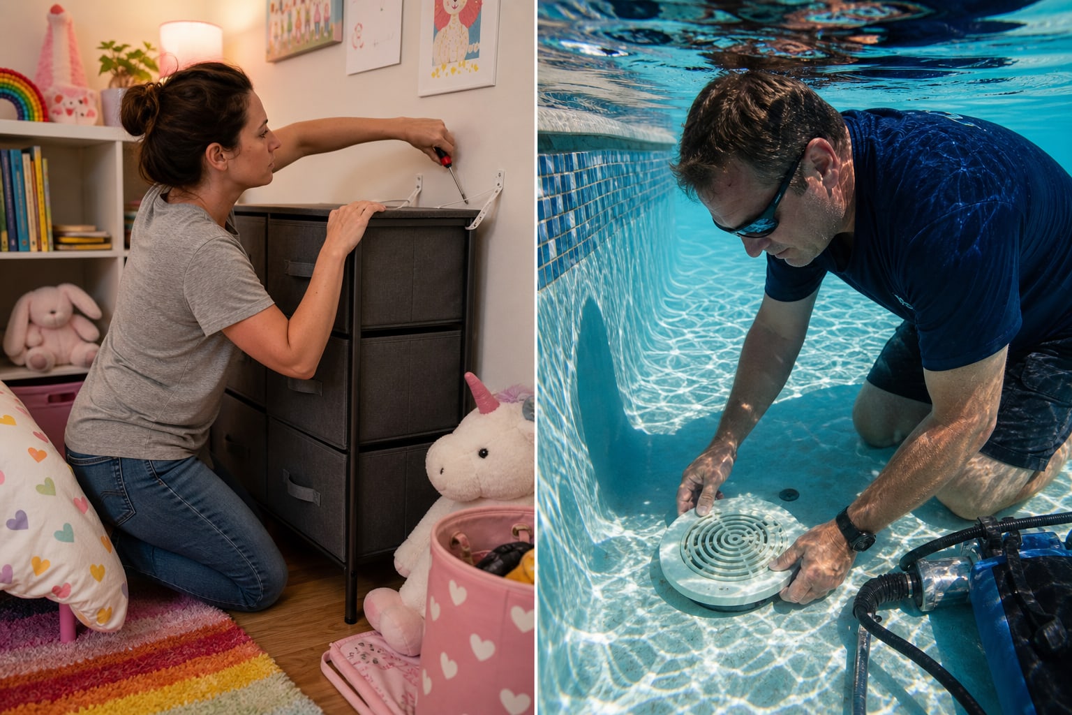 Household checking product labels on a cleaner, wall air conditioner and office chair before following recall instructions