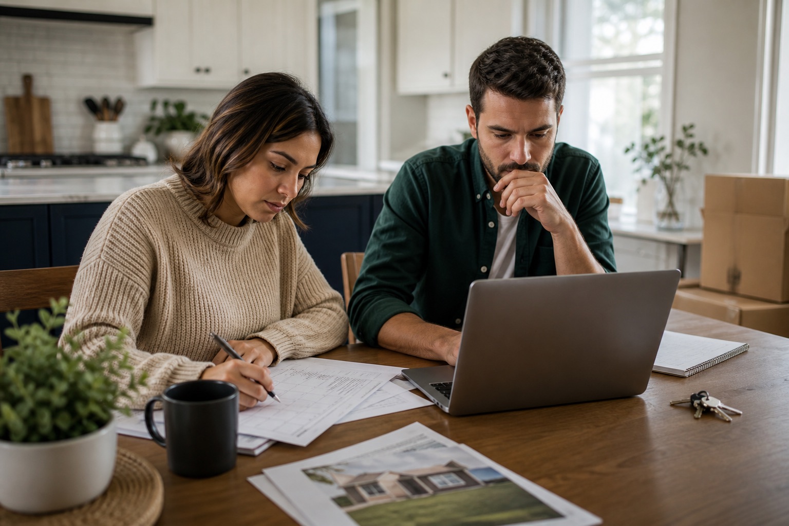 Household reviewing income stability, moving plans and essential home costs at a kitchen table