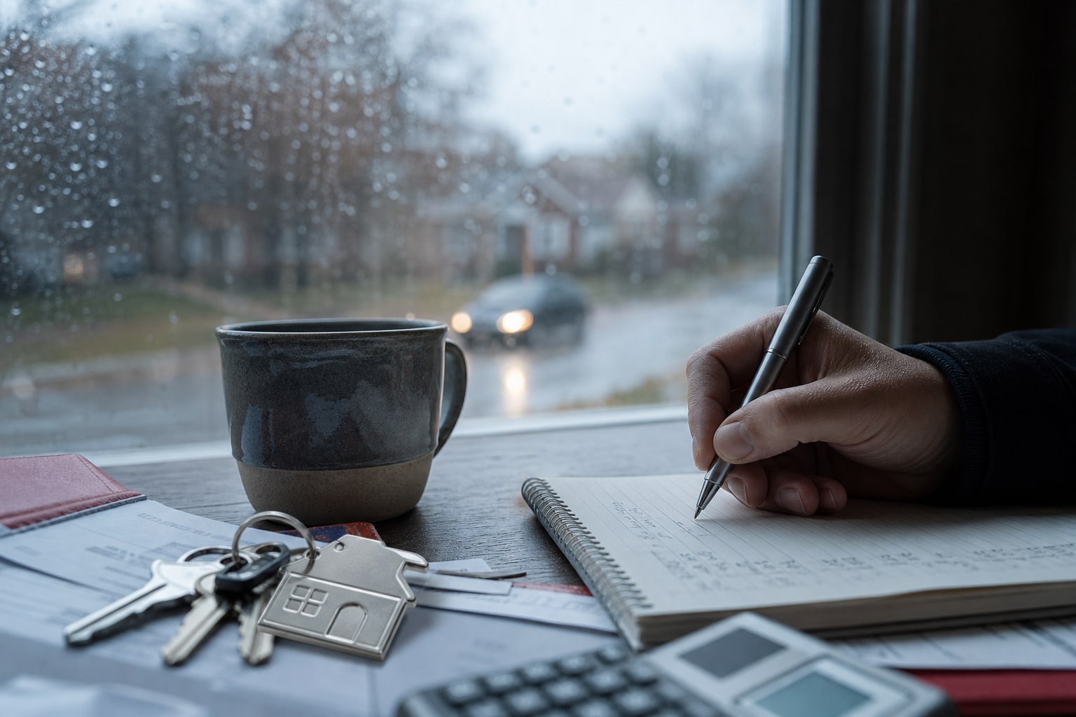 Homebuyer reviewing a written mortgage estimate, closing cash and monthly ownership costs at a kitchen table